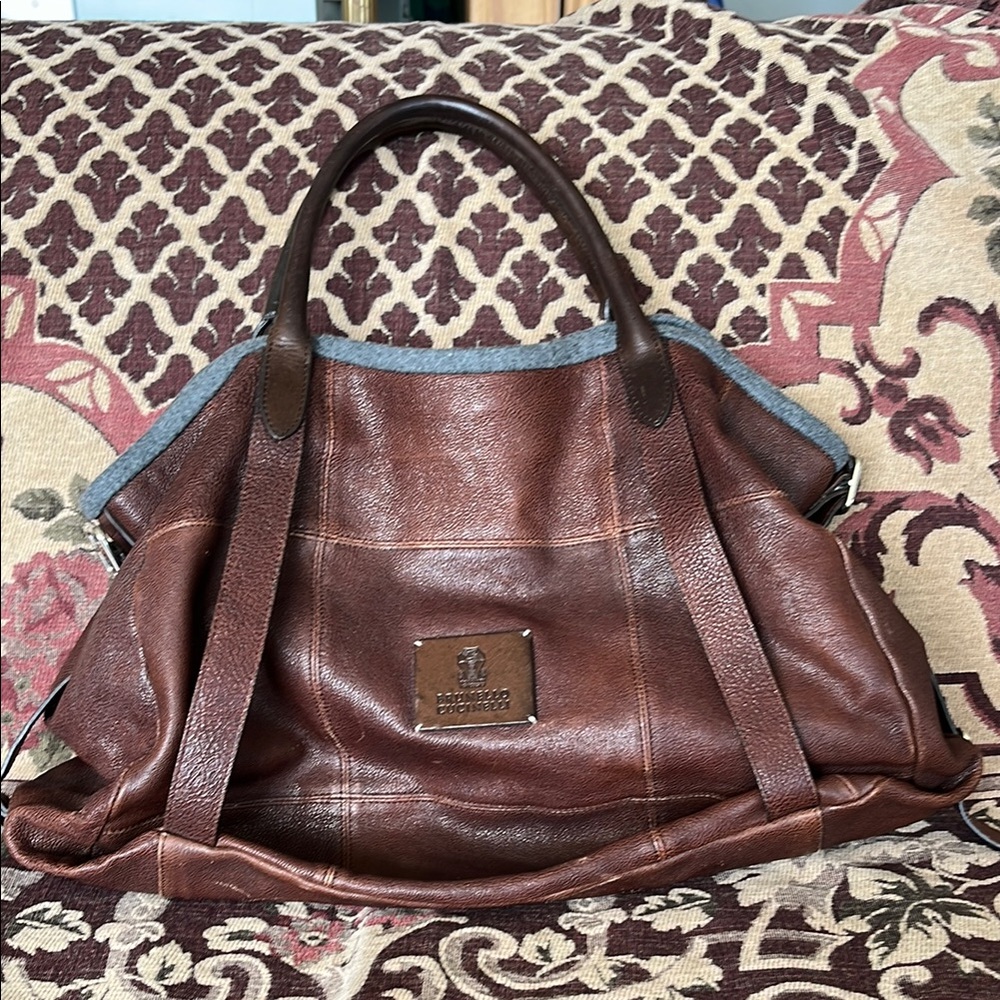Brunello Cucinelli Large Brown Leather Handbag with Gray Wool Trim.